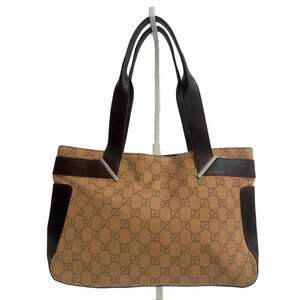 Gucci Tote Bag Mini GG Brown & Beige Denim Brown Leather Trimmed